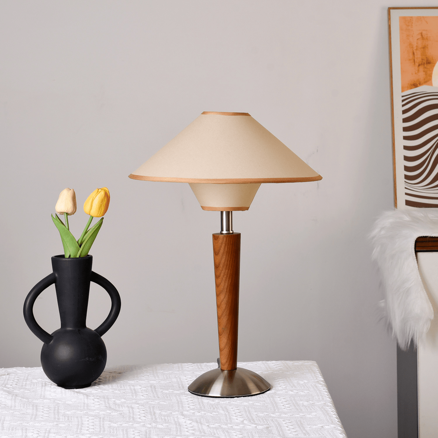 Wooden Table Lamp | Sleek Design with Fabric Shade & Ideal for Indoor Use in Modern Living Spaces
