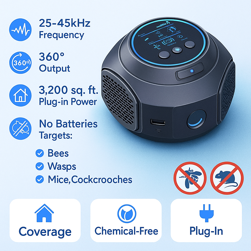 Bee & Wasp Ultrasonic Repellent Device | 360° Electronic Wood Bee Repellent, Plug-In Indoor Bee Zapper & Insect Control Solution