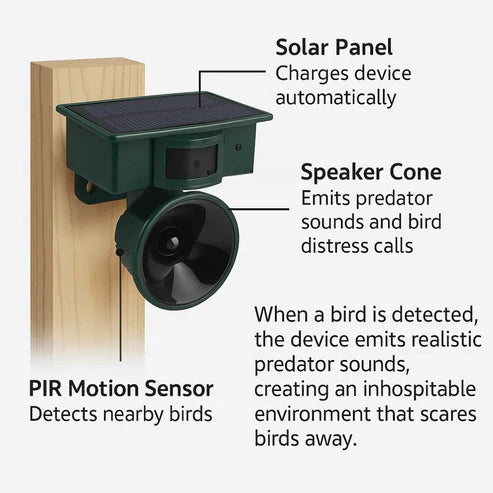 Motion Sensor Bird Deterrent - Pigeon & Crow Repeller with Sound Scare Technology for Effective Bird Control