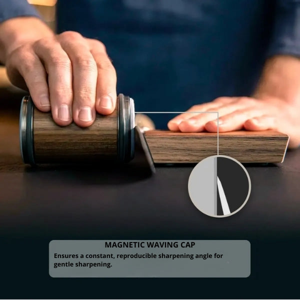 Rolling knife sharpener, simple knife sharpening, rolling sharpening system for kitchen knives, provides 15-20-degree sharpening