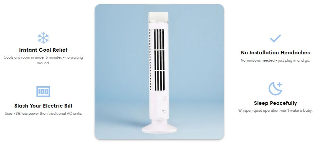 Portable Windowless Air Conditioner | Bladeless Tower Fan AC units | Energy Efficient, Whisper-Quiet & Ideal for Bedrooms, Offices & Dorms