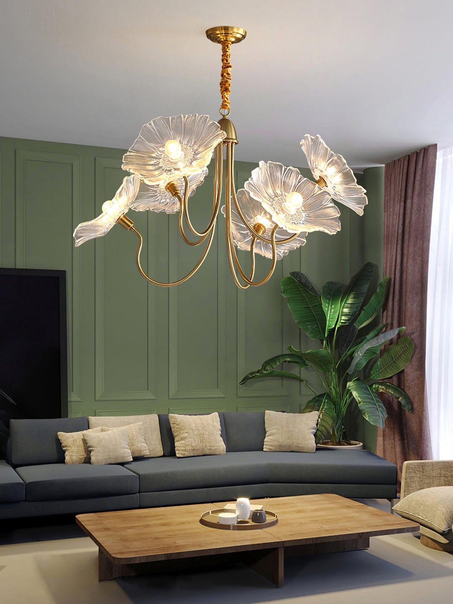 Lotus Leaf Glass Chandelier | Frosted Glass, Gold Finish & Ideal for Indoor Lighting