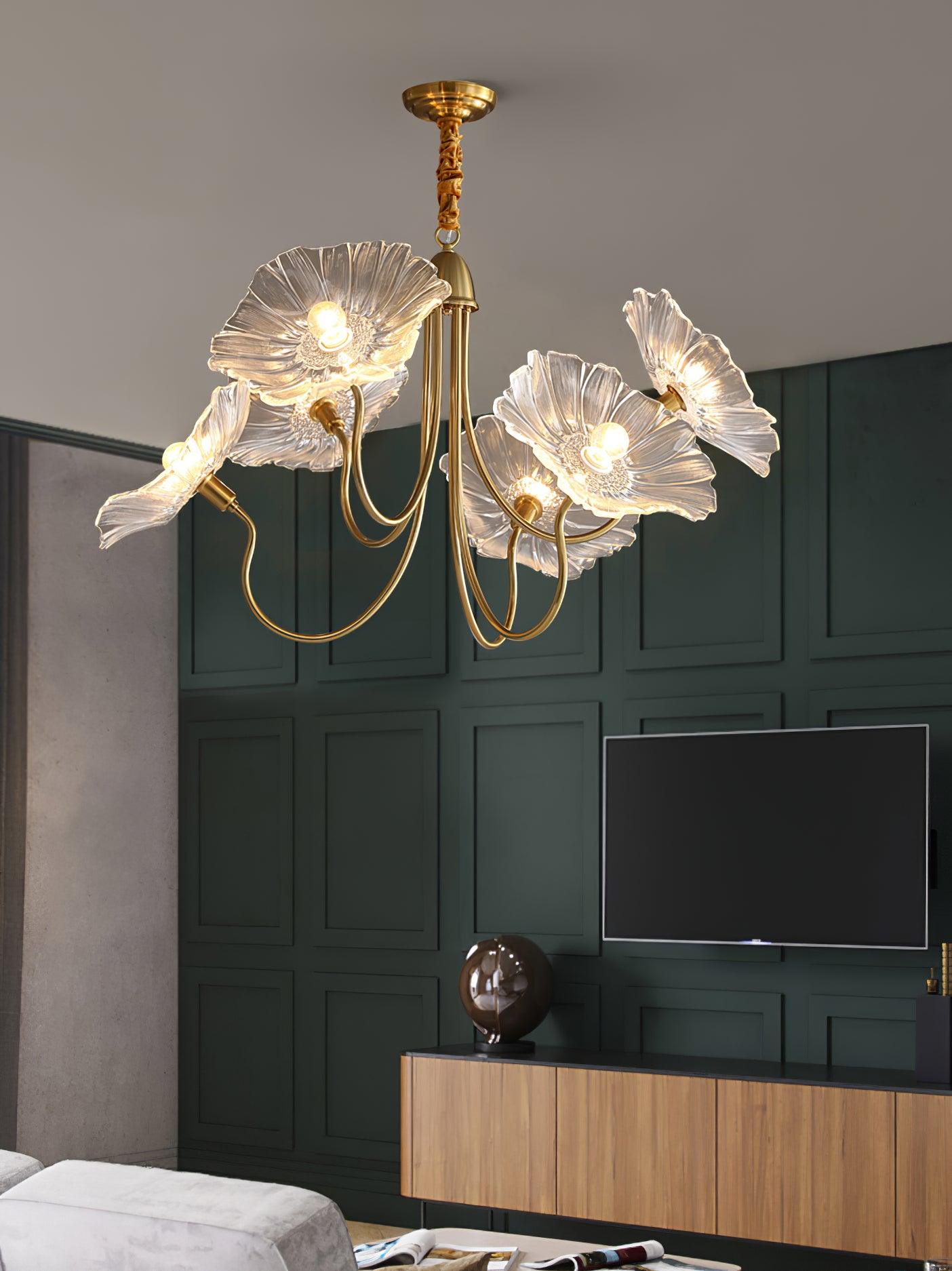 Lotus Leaf Glass Chandelier | Frosted Glass, Gold Finish & Ideal for Indoor Lighting