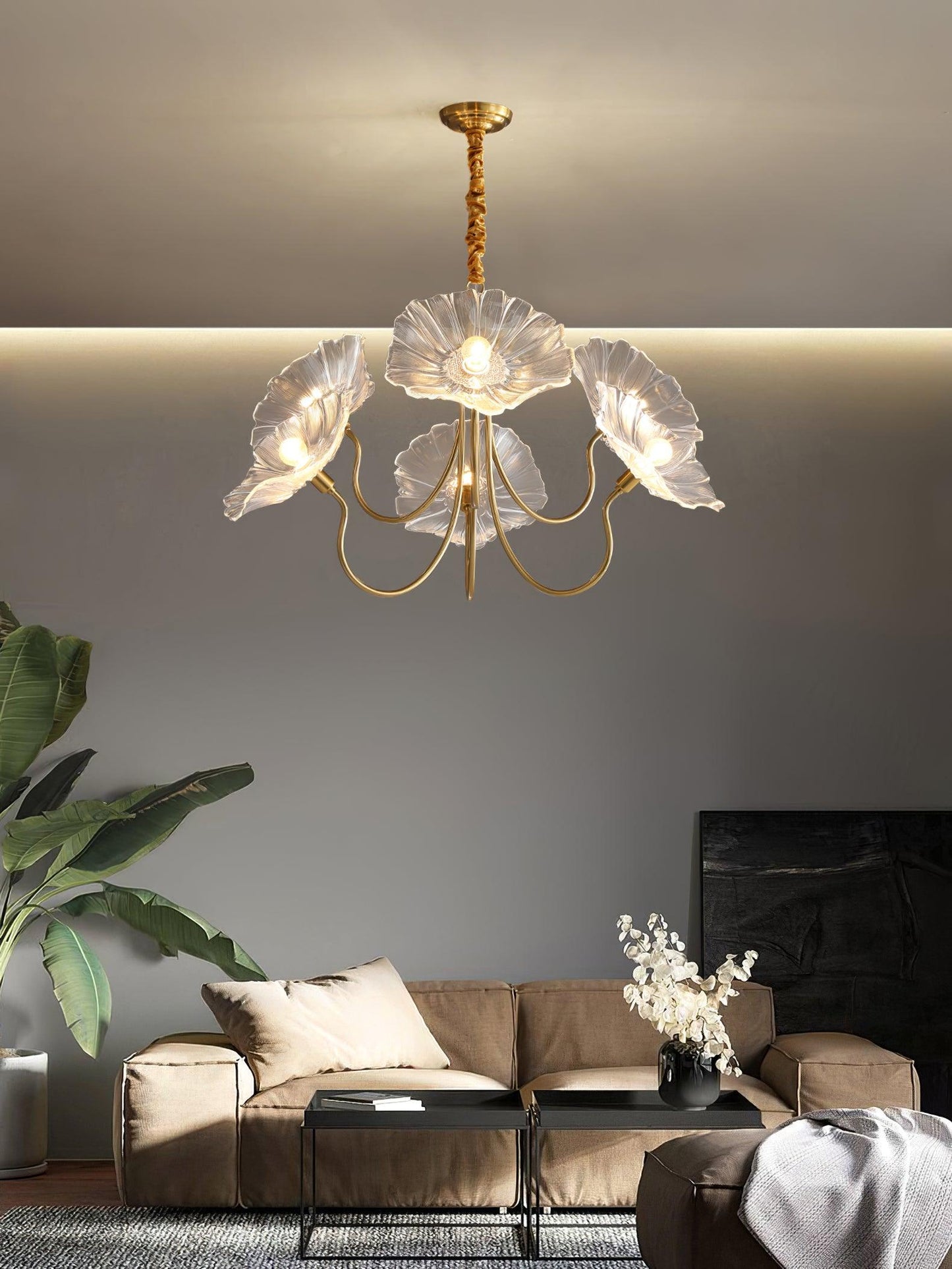 Lotus Leaf Glass Chandelier | Frosted Glass, Gold Finish & Ideal for Indoor Lighting