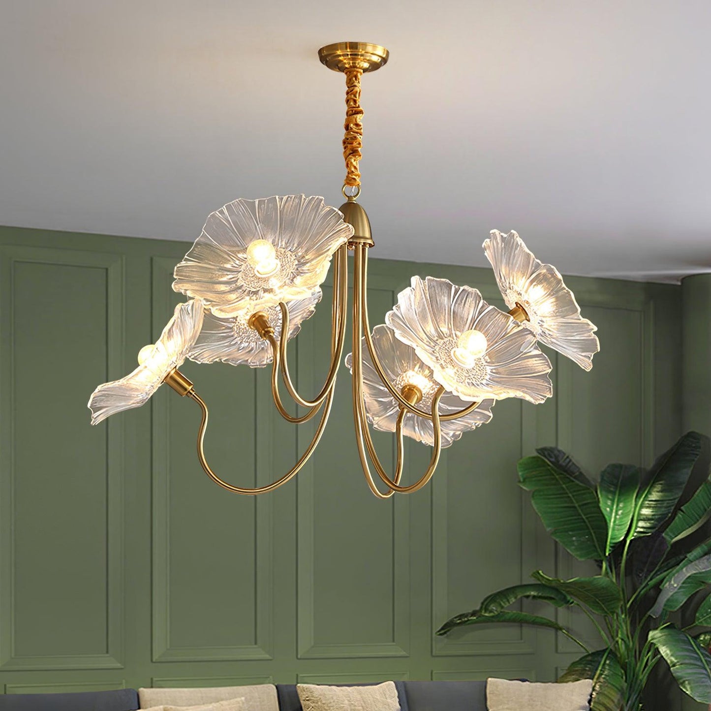 Lotus Leaf Glass Chandelier | Frosted Glass, Gold Finish & Ideal for Indoor Lighting