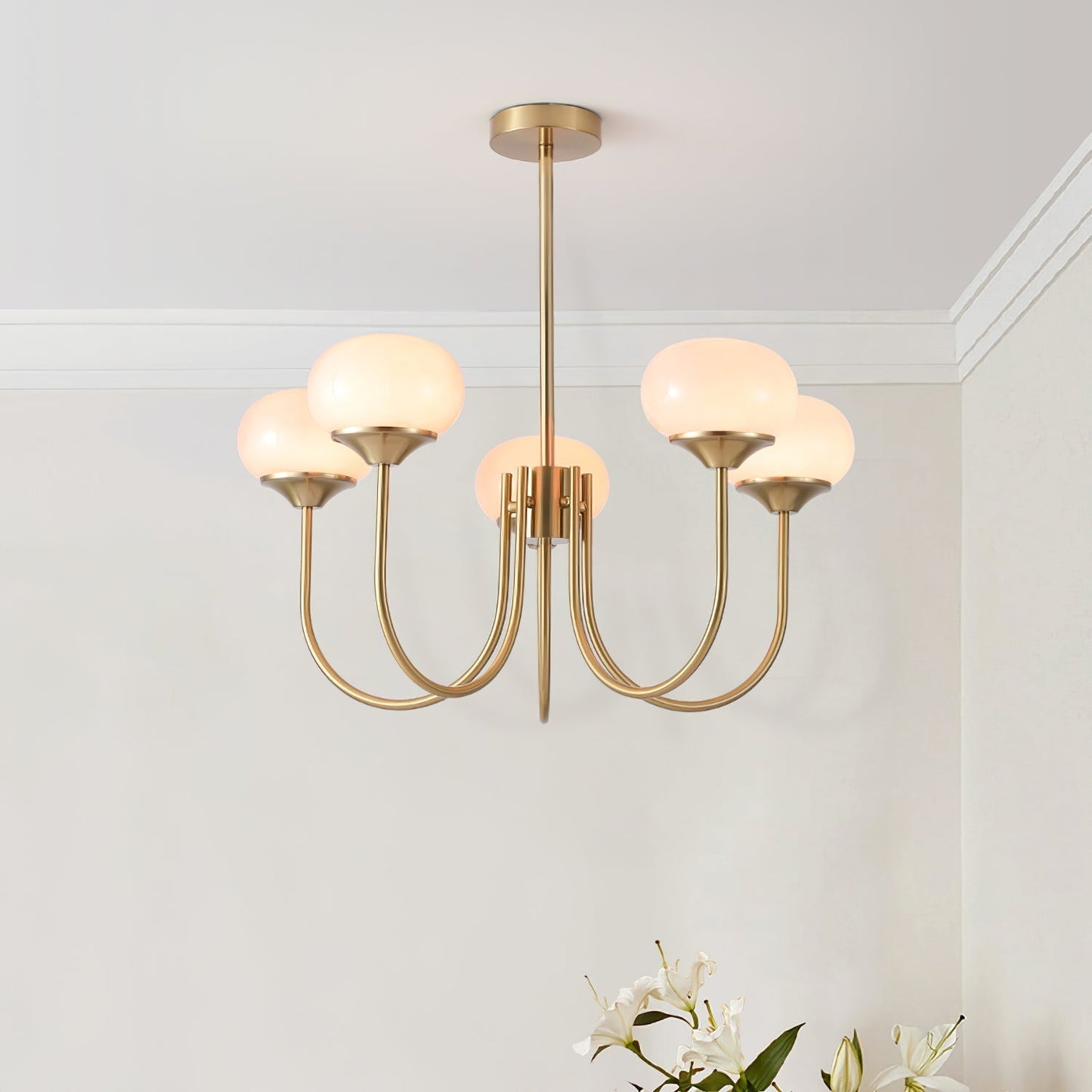 Marshmallow Chandelier | Gold Finish with Pink Glass Shades for Indoor Use & Modern Home Decor