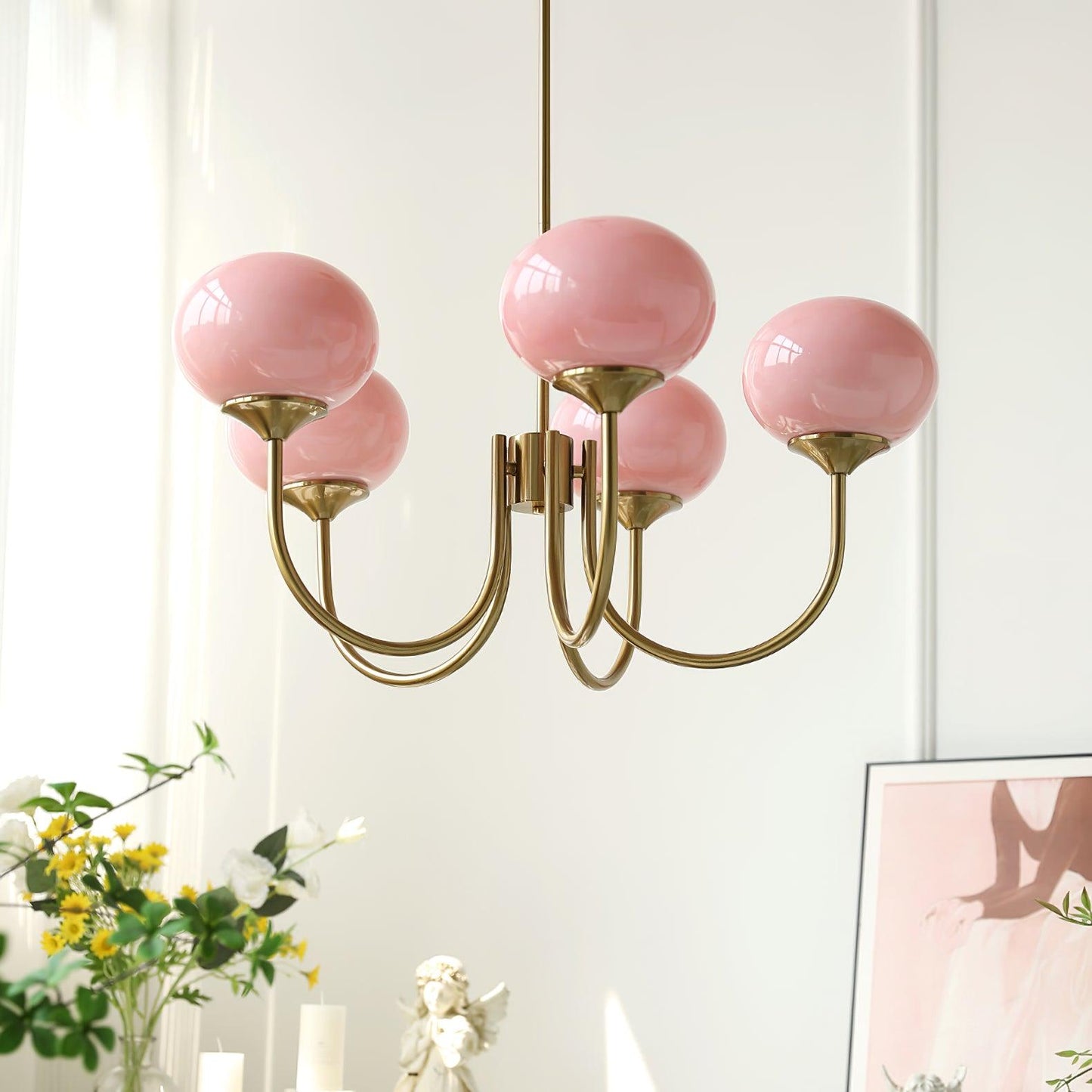 Marshmallow Chandelier | Gold Finish with Pink Glass Shades for Indoor Use & Modern Home Decor