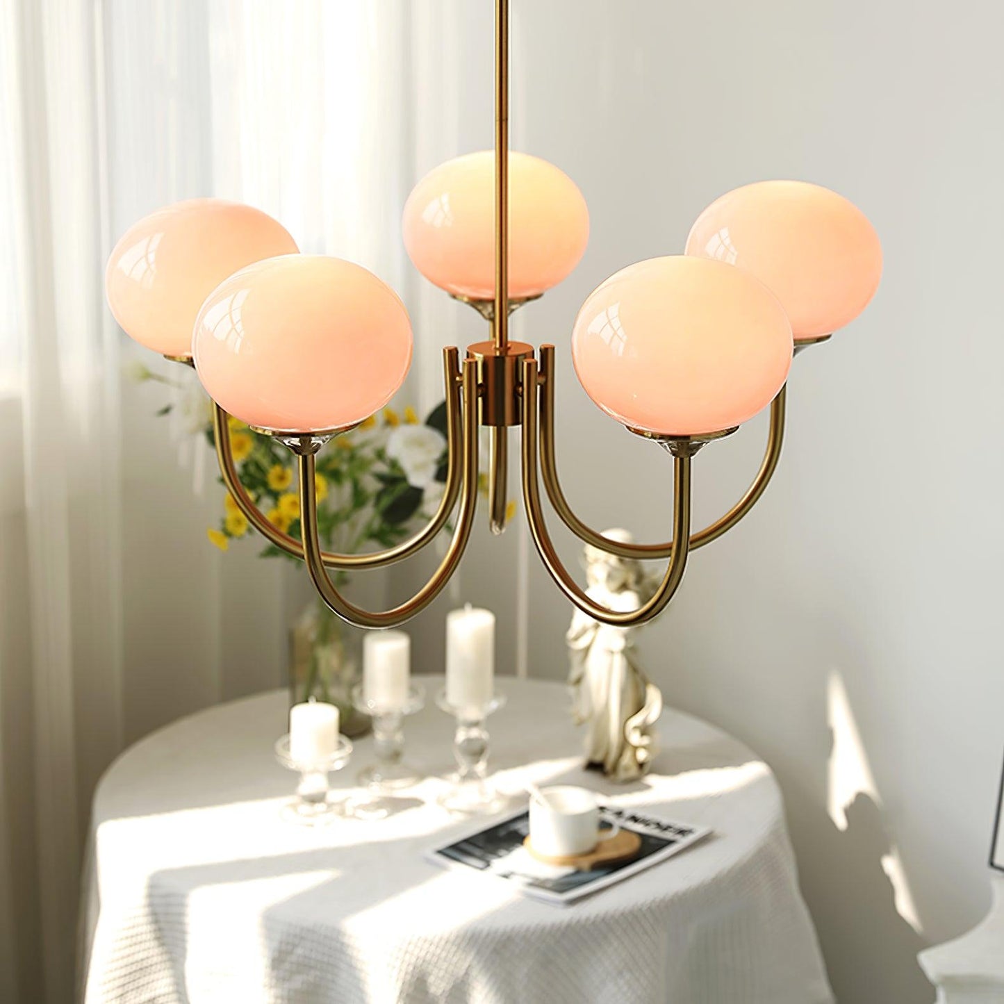 Marshmallow Chandelier | Gold Finish with Pink Glass Shades for Indoor Use & Modern Home Decor