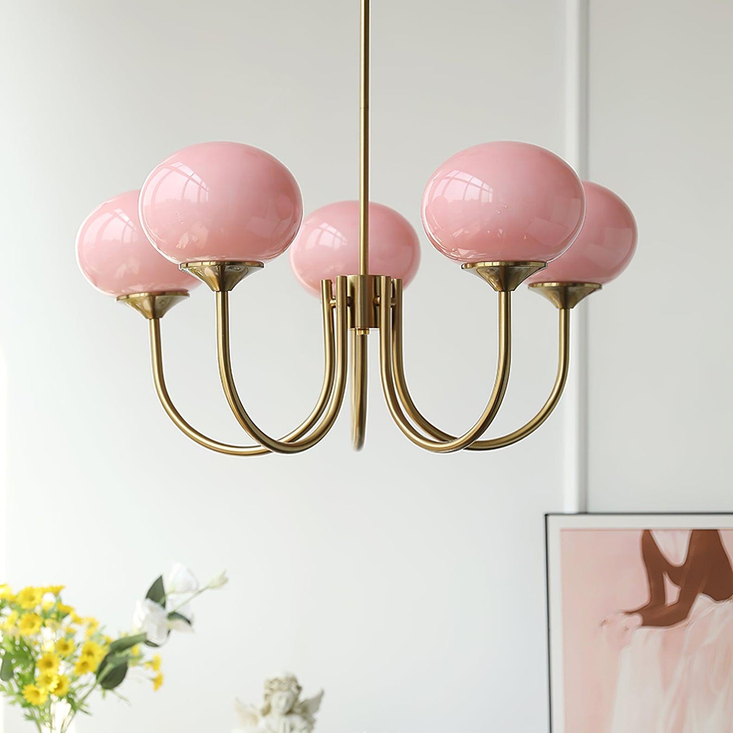 Marshmallow Chandelier | Gold Finish with Pink Glass Shades for Indoor Use & Modern Home Decor