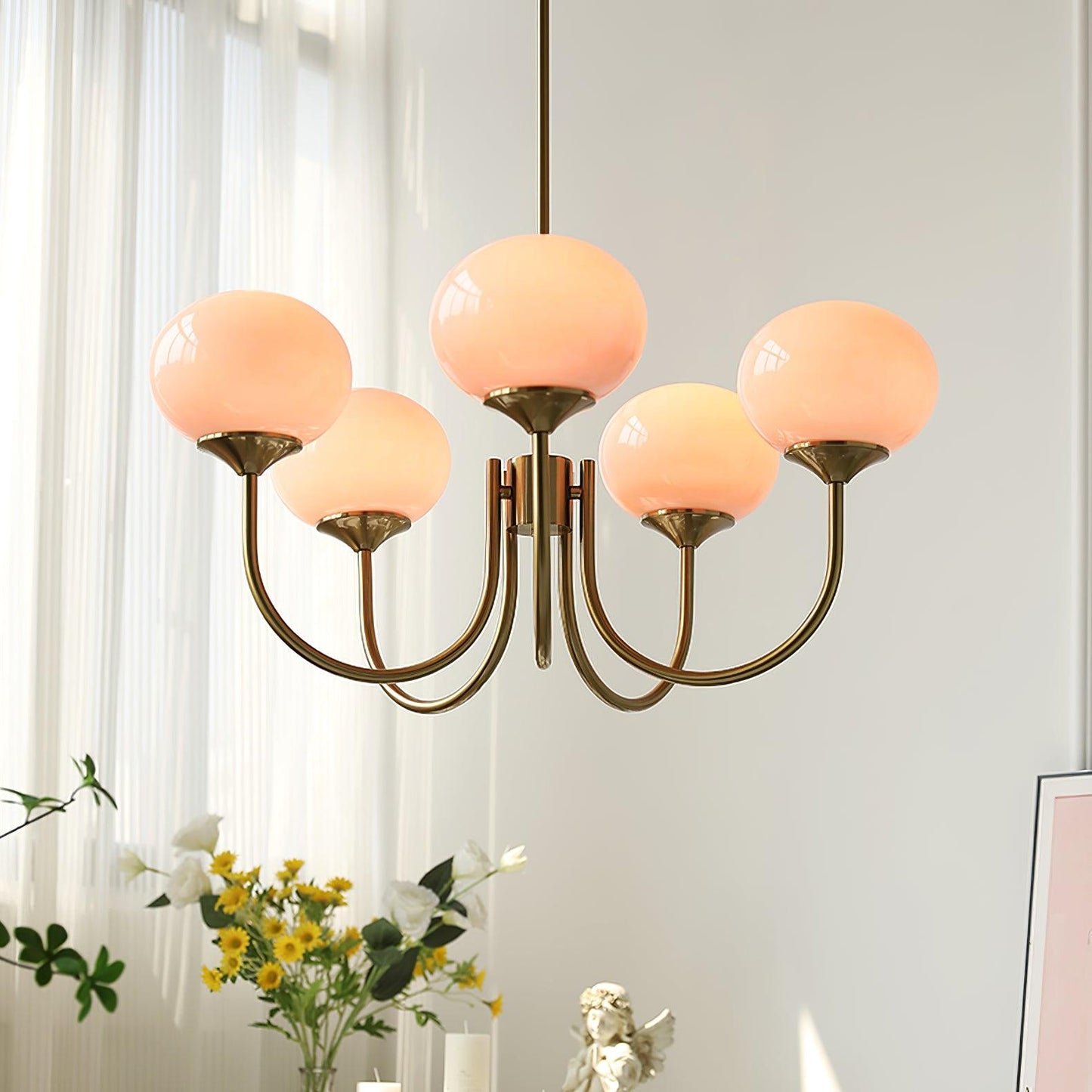 Marshmallow Chandelier | Gold Finish with Pink Glass Shades for Indoor Use & Modern Home Decor