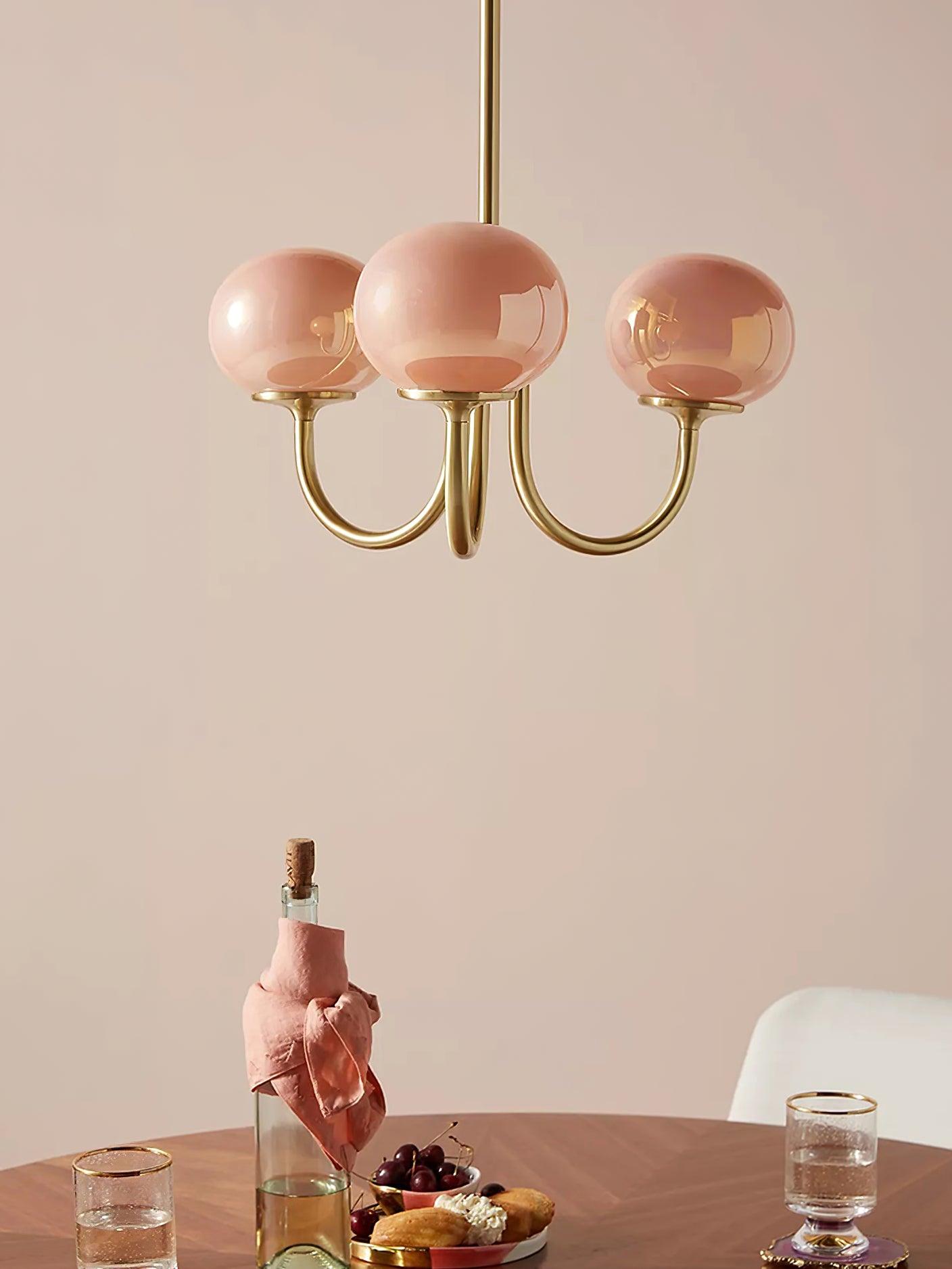 Marshmallow Chandelier | Gold Finish with Pink Glass Shades for Indoor Use & Modern Home Decor