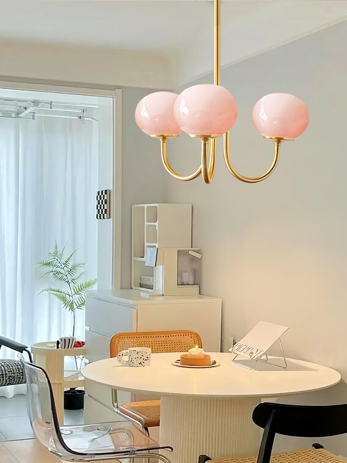 Marshmallow Chandelier | Gold Finish with Pink Glass Shades for Indoor Use & Modern Home Decor