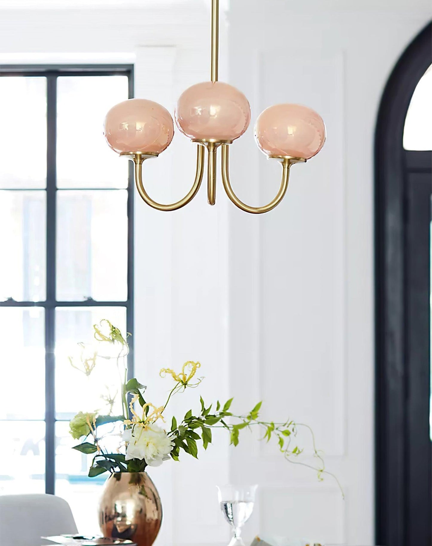 Marshmallow Chandelier | Gold Finish with Pink Glass Shades for Indoor Use & Modern Home Decor