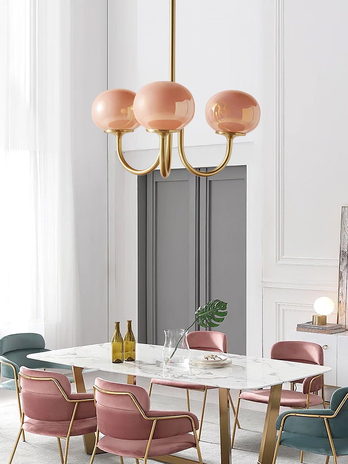 Marshmallow Chandelier | Gold Finish with Pink Glass Shades for Indoor Use & Modern Home Decor