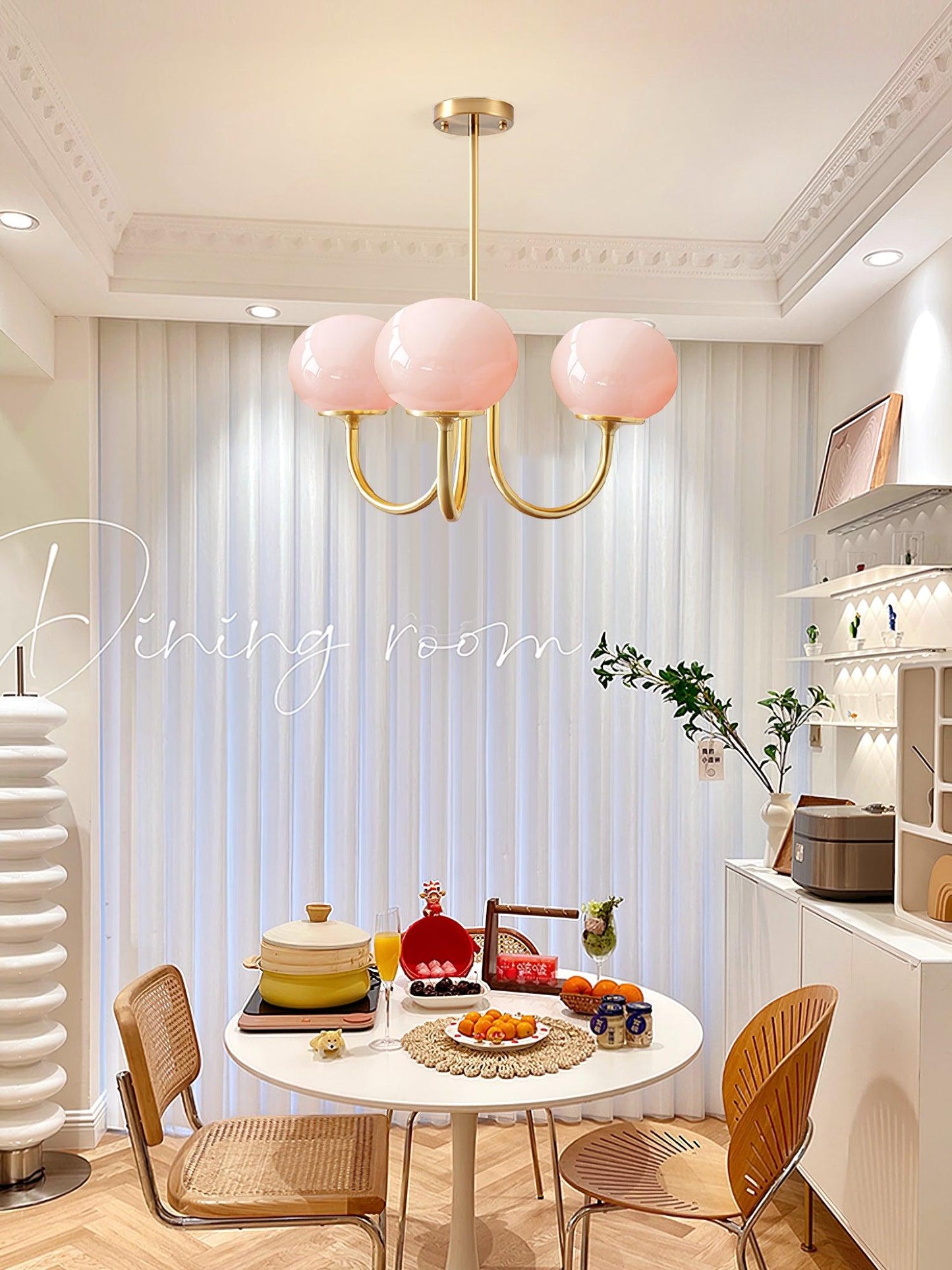 Marshmallow Chandelier | Gold Finish with Pink Glass Shades for Indoor Use & Modern Home Decor