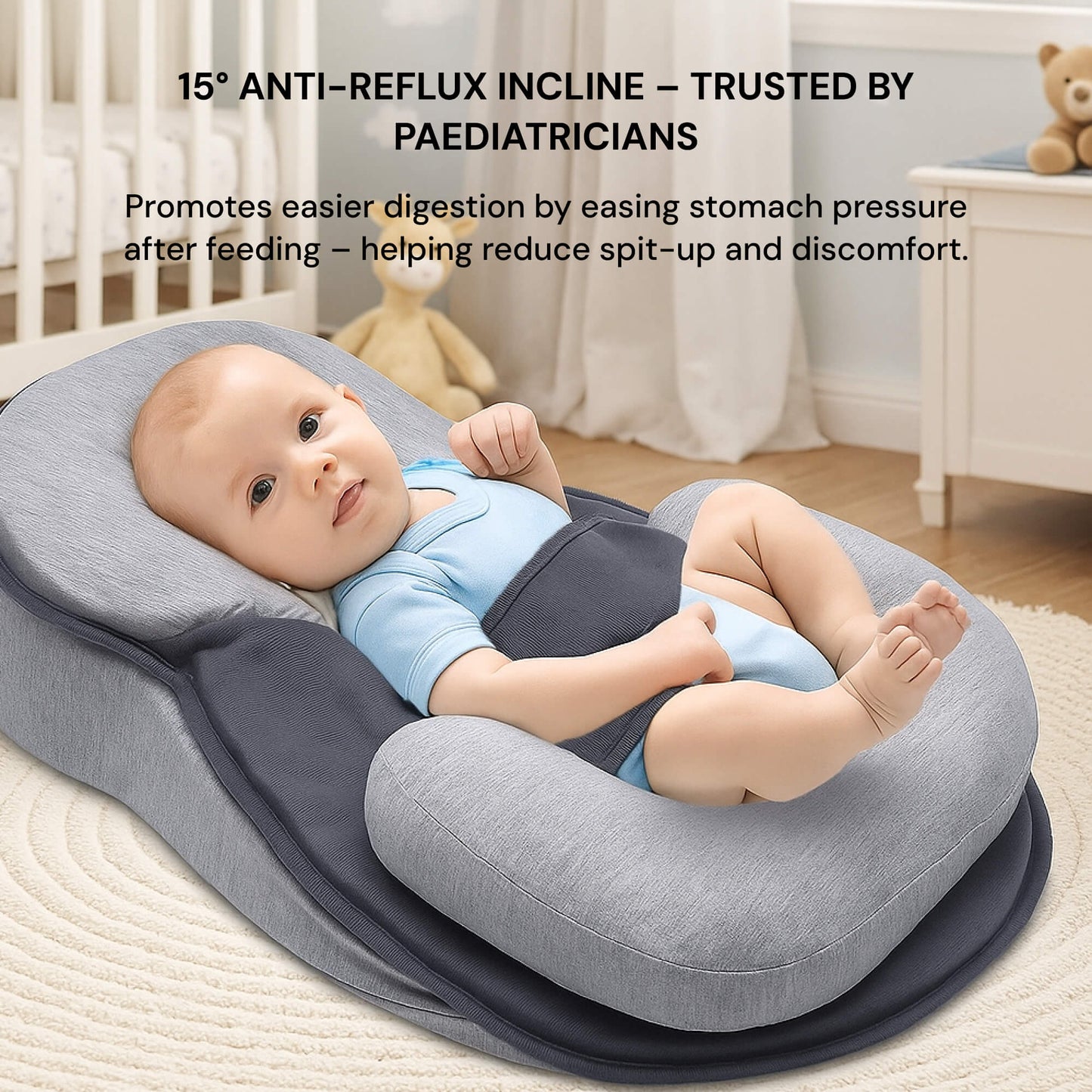 Anti Roll Baby Reflux Pillow Bed – Sleep Pod Infant Nest with 15° Wedge | Portable Anti-Reflux & Flat Head Pillow for Baby