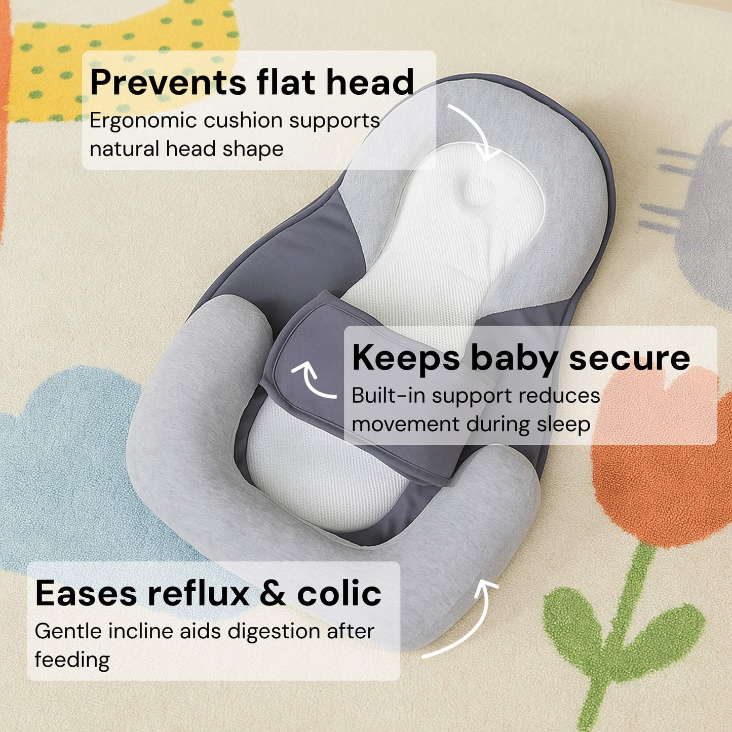 Anti Roll Baby Reflux Pillow Bed – Sleep Pod Infant Nest with 15° Wedge | Portable Anti-Reflux & Flat Head Pillow for Baby