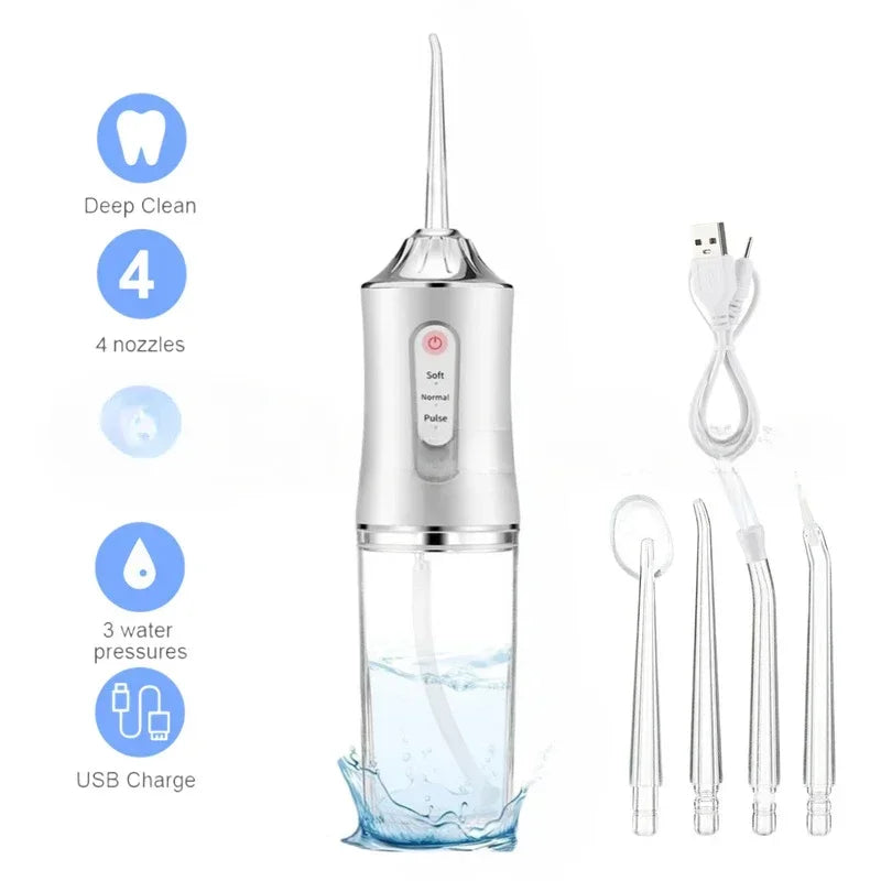 Portable Electric Water Flosser | USB Rechargeable Dental Floss, 4 Jet Tips & 220ml Tank for Effective Dental Care