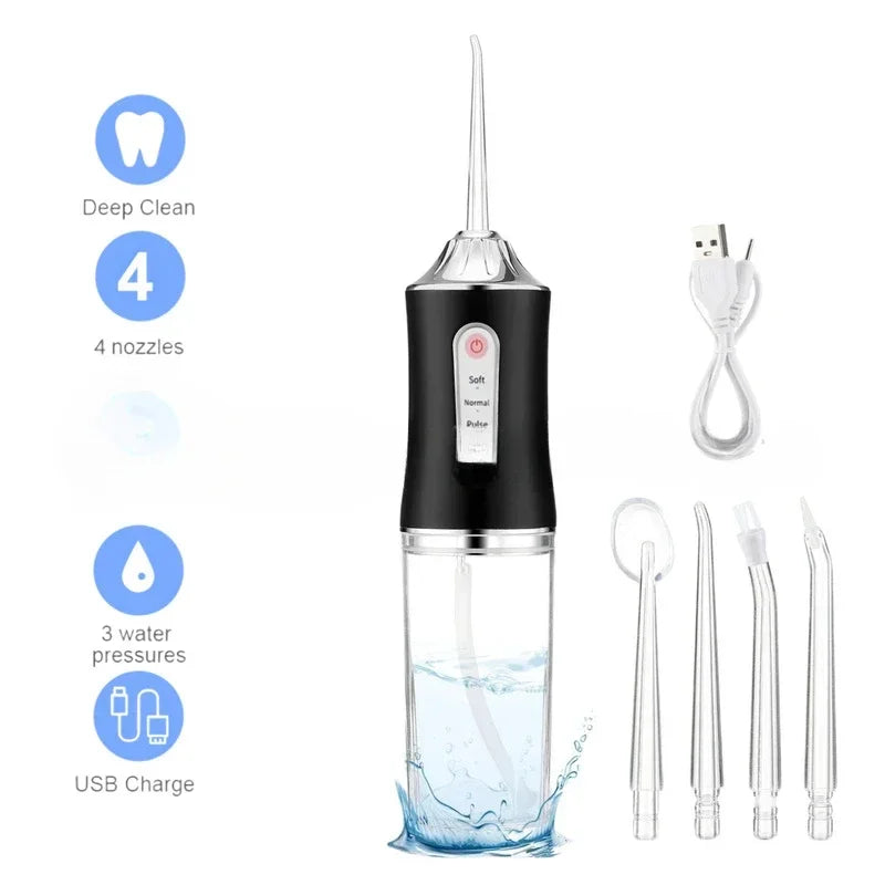 Portable Electric Water Flosser | USB Rechargeable Dental Floss, 4 Jet Tips & 220ml Tank for Effective Dental Care