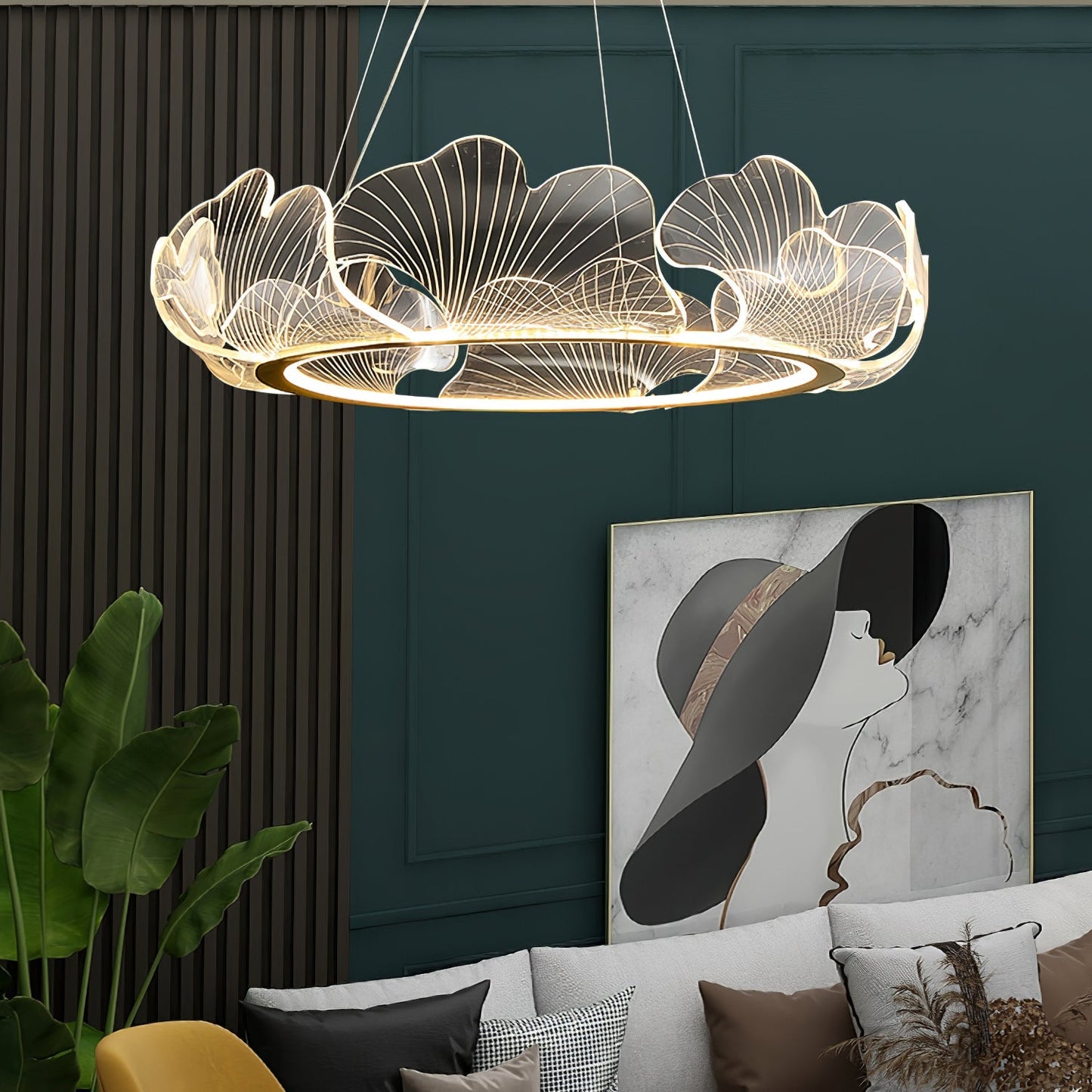 Leaf-Shaped LED Chandelier | Dimmable, Gold Finish & Ideal for Living Room or Office Spaces
