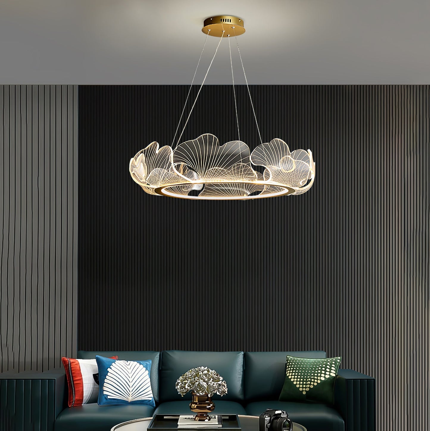 Leaf-Shaped LED Chandelier | Dimmable, Gold Finish & Ideal for Living Room or Office Spaces