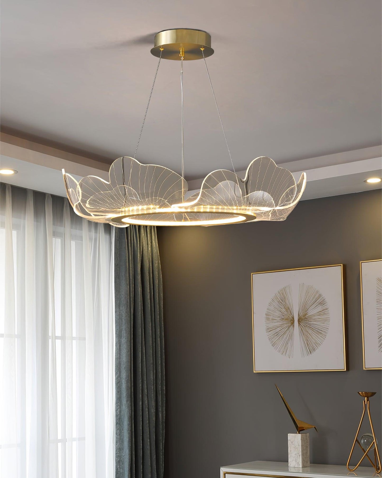 Leaf-Shaped LED Chandelier | Dimmable, Gold Finish & Ideal for Living Room or Office Spaces