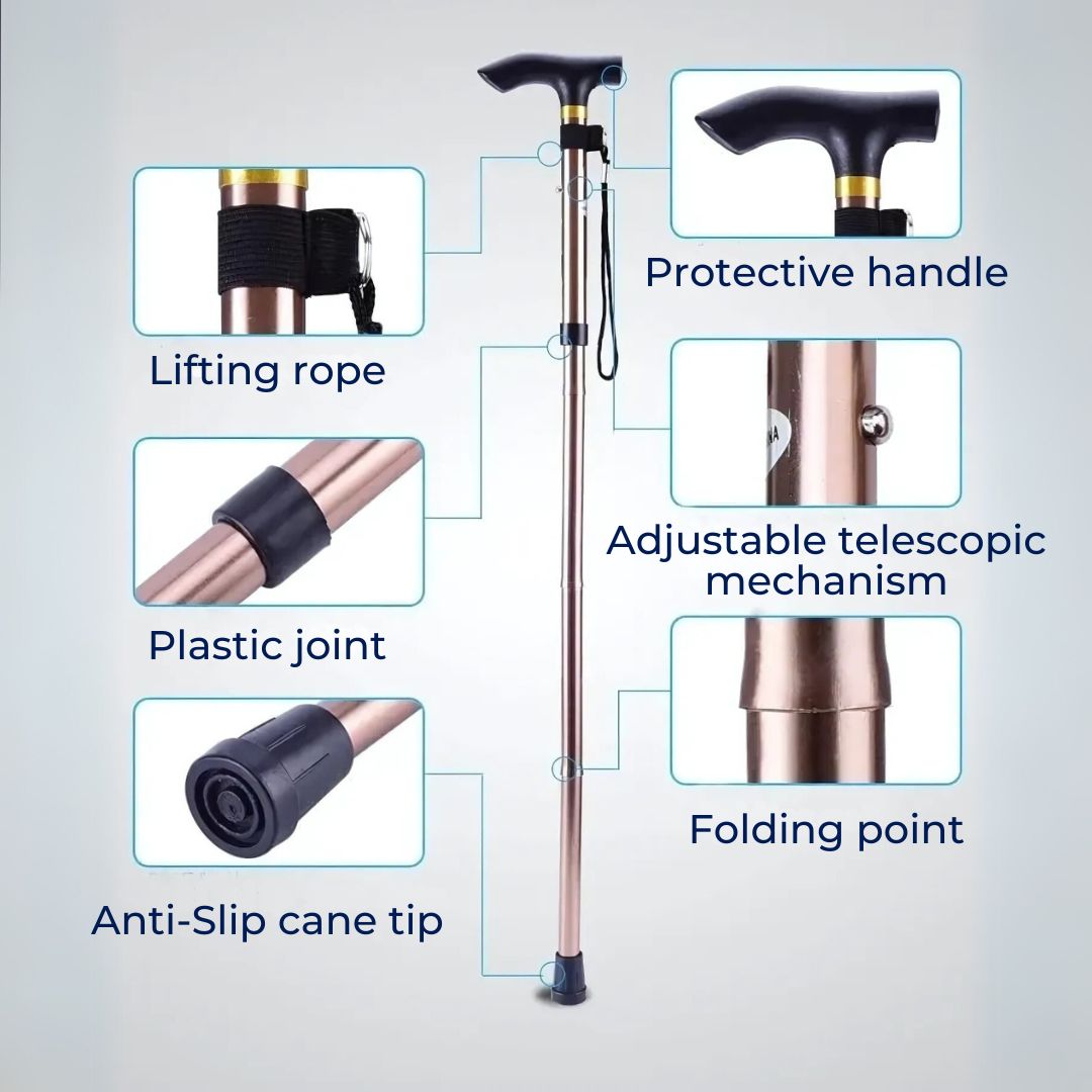 Folding Telescopic Walking Stick | Adjustable Height, Ergonomic Handle & Non-Slip Tip for Mobility Support and Outdoor Use