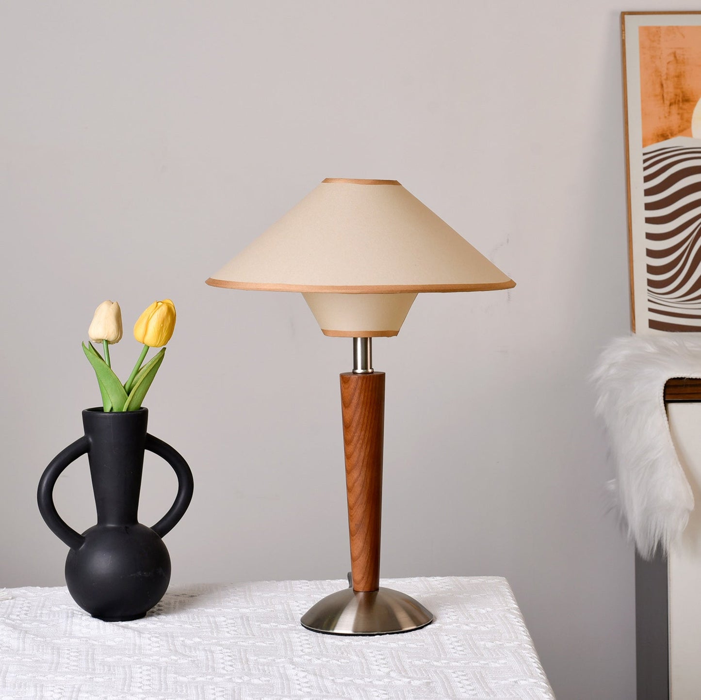 Wooden Table Lamp | Sleek Design with Fabric Shade & Ideal for Indoor Use in Modern Living Spaces