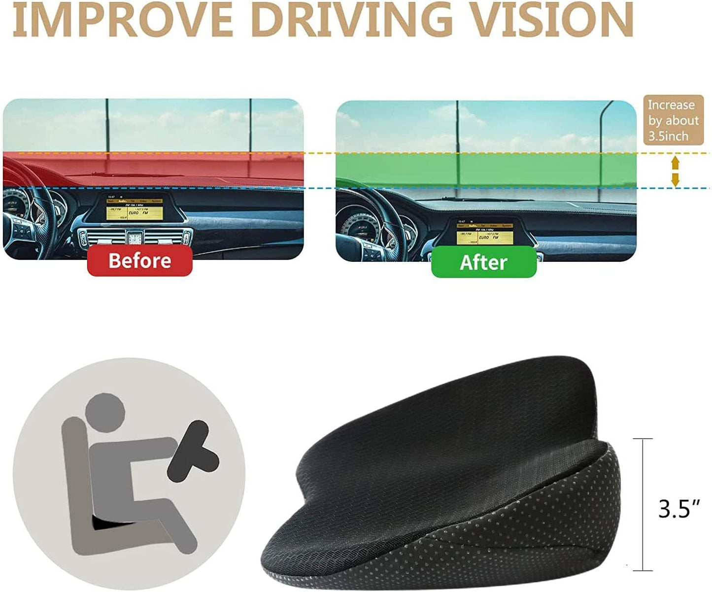 Car Seat Cushion for Short Drivers | 3.5-Inch Thick, Ergonomic Memory Foam for Comfort and Pain Relief
