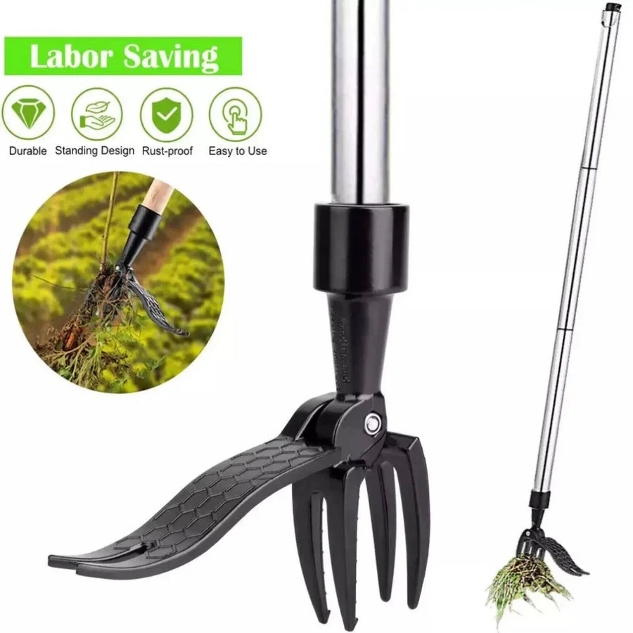 Stand Up Weed Puller Tool | Ergonomic Long Handle with 4 Claw Root Removal for Easy Gardening and Lawn Maintenance