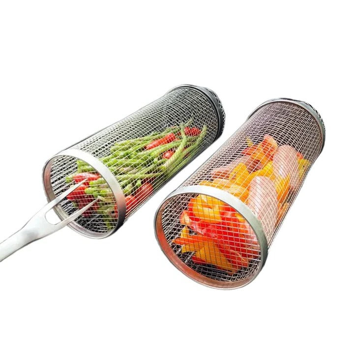 Stainless Steel Rolling BBQ Grill Basket | Non-Stick, Ergonomic Handle & Ideal for Grilling Vegetables, Seafood, and Meats