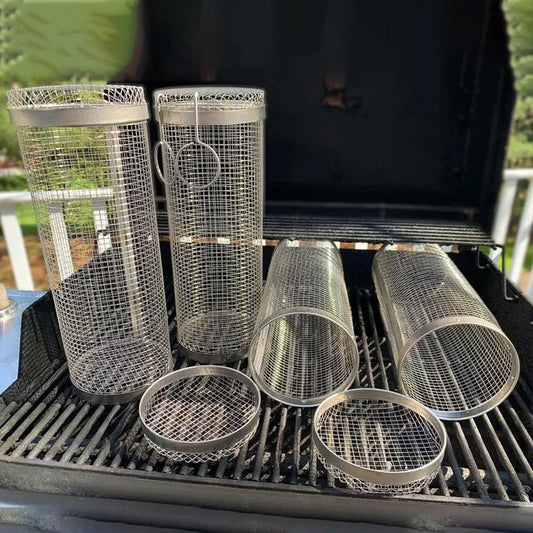 Stainless Steel Rolling BBQ Grill Basket | Non-Stick, Ergonomic Handle & Ideal for Grilling Vegetables, Seafood, and Meats