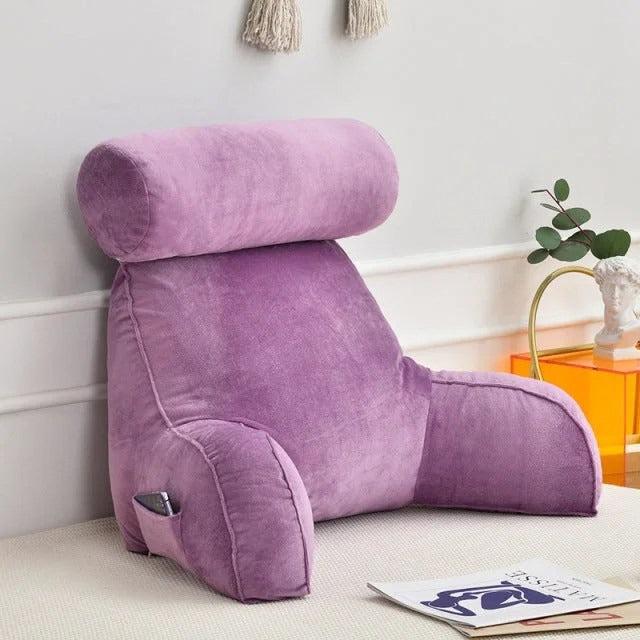 Backrest Reading Pillow with Arms | Adjustable Headrest & Soft Velour Cover for Bed & Sofa Comfort