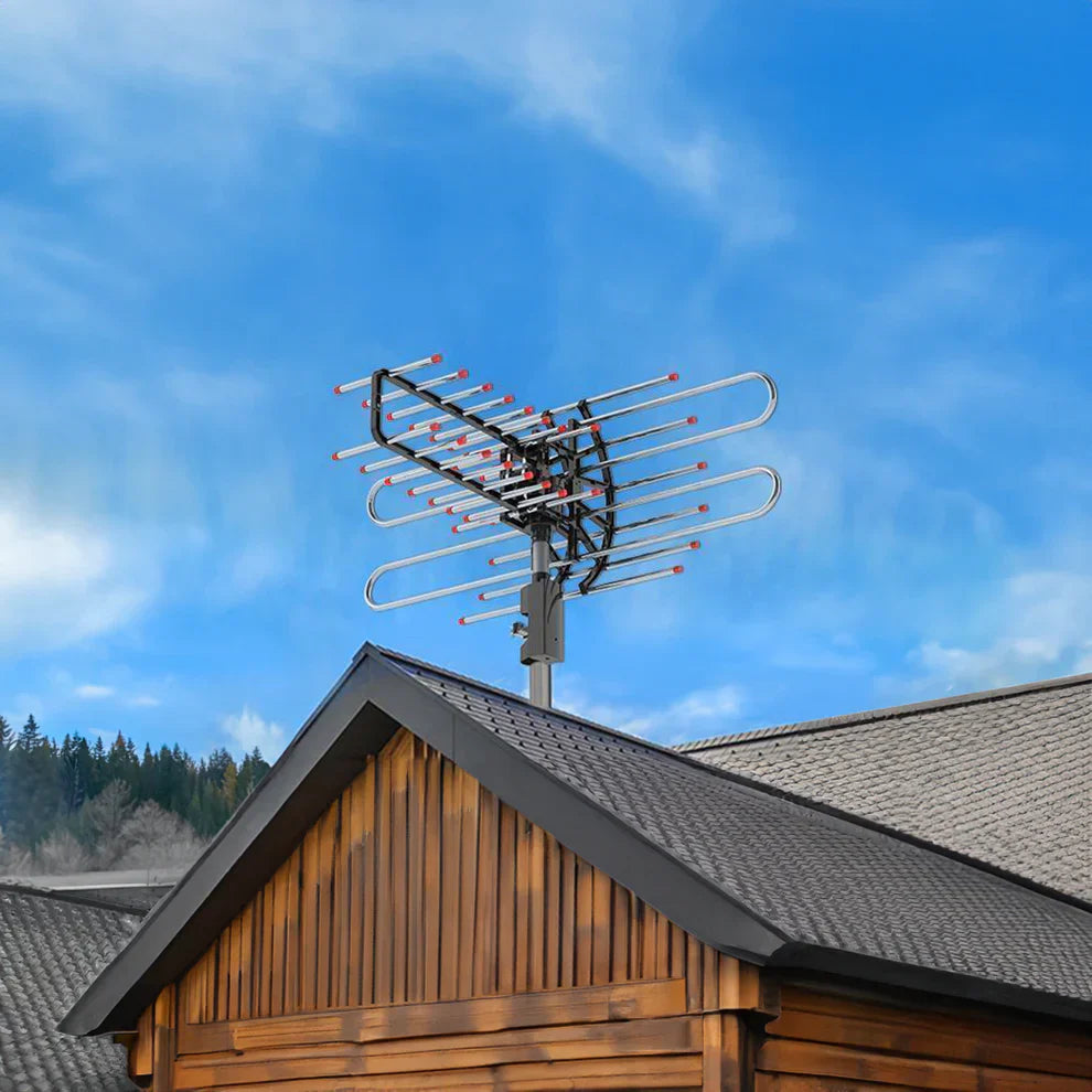 Outdoor Long Range 500+ Mile TV Antenna | UHF/VHF/FM, 360-Degree Motorized Rotation & Dual TV Output for Crystal Clear HD Channels