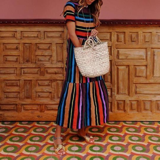 Bohemian Striped Multicolor Length Dress - Balma Home