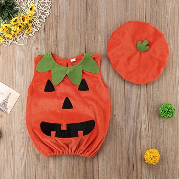 Baby Halloween Costumes Pumpkin 2 PCs Cosplay Idea Sleeveless Romper Jumpsuit