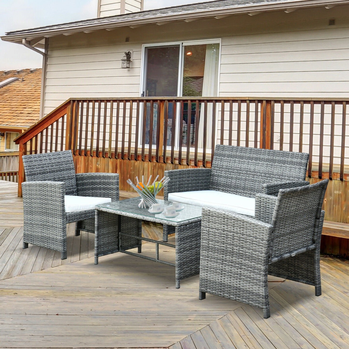 4Pcs Rattan Patio Furniture Set Sofa and Table