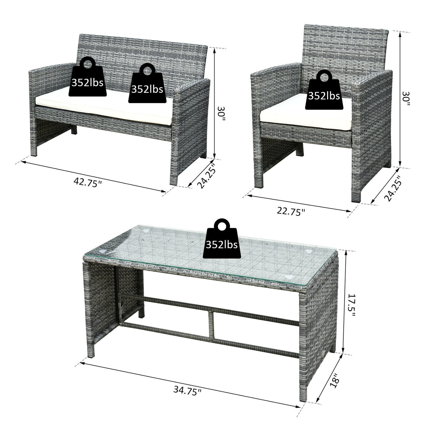 4Pcs Rattan Patio Furniture Set Sofa and Table