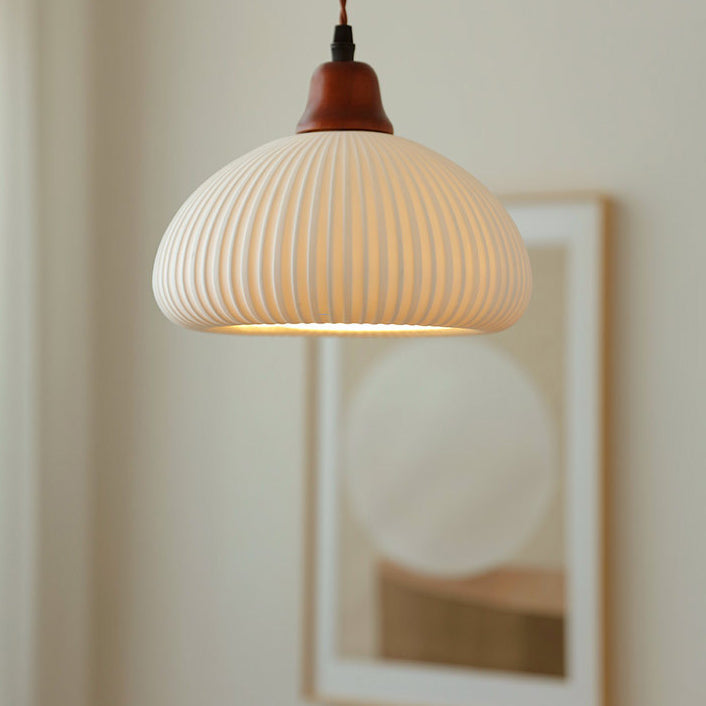 Japanese Vintage Ceramic Round Dome Pendant Light with Pleated Design - 1-Light Fixture for Kitchen & Dining Room
