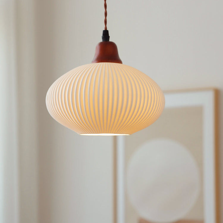 Japanese Vintage Ceramic Round Dome Pendant Light with Pleated Design - 1-Light Fixture for Kitchen & Dining Room