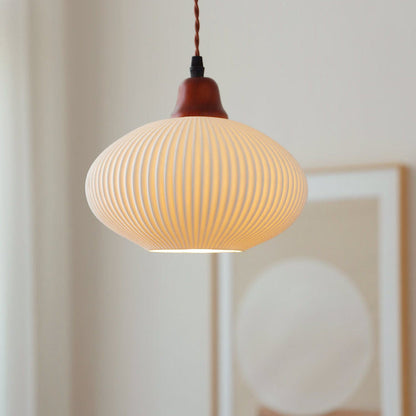 Japanese Vintage Ceramic Round Dome Pendant Light with Pleated Design - 1-Light Fixture for Kitchen & Dining Room