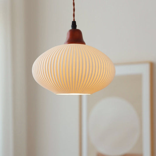 Japanese Vintage Ceramic Round Dome Pendant Light with Pleated Design - 1-Light Fixture for Kitchen & Dining Room