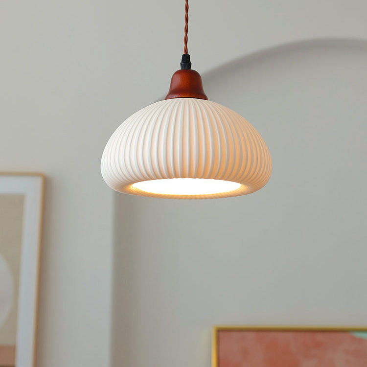 Japanese Vintage Ceramic Round Dome Pendant Light with Pleated Design - 1-Light Fixture for Kitchen & Dining Room