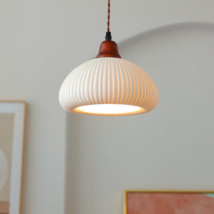 Japanese Vintage Ceramic Round Dome Pendant Light with Pleated Design - 1-Light Fixture for Kitchen & Dining Room