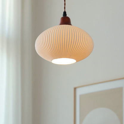 Japanese Vintage Ceramic Round Dome Pendant Light with Pleated Design - 1-Light Fixture for Kitchen & Dining Room
