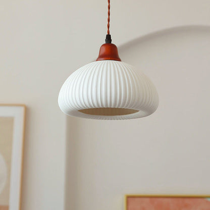 Japanese Vintage Ceramic Round Dome Pendant Light with Pleated Design - 1-Light Fixture for Kitchen & Dining Room