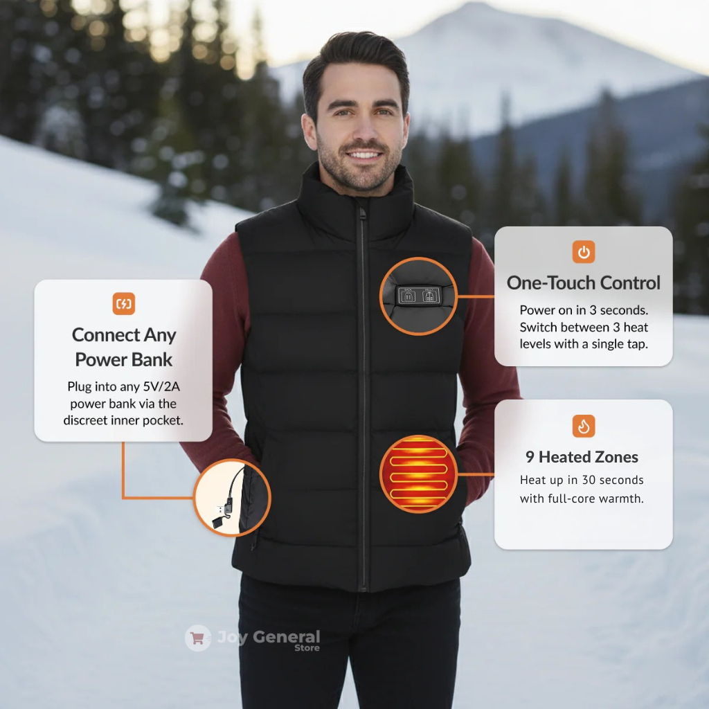Mens Heated Gilet | Ultra-Thin Heated Vest, 9 Heating Zones & 8 Hours of Luxurious Warmth for Outdoor Activities