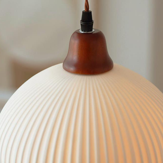 Japanese Vintage Ceramic Round Dome Pendant Light with Pleated Design - 1-Light Fixture for Kitchen & Dining Room