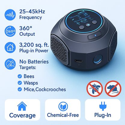 Bee & Wasp Ultrasonic Repellent Device | 360° Electronic Wood Bee Repellent, Plug-In Indoor Bee Zapper & Insect Control Solution