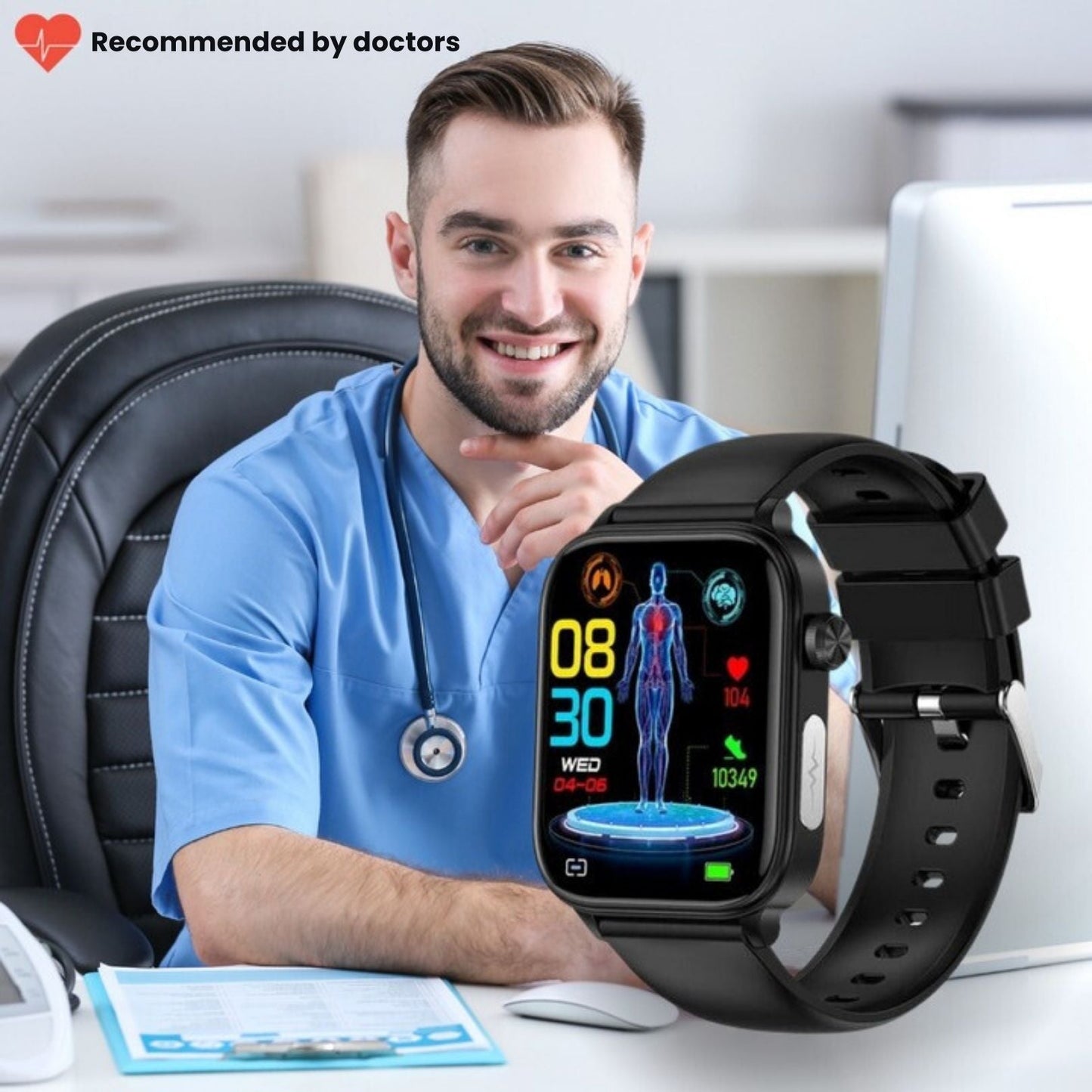 GlucoCare - Non Invasive Blood Glucose Meter SOS Smartwatch | Needle-Free Blood Glucose Monitoring & Fall Detection for Health Tracking and Emergency Assistance